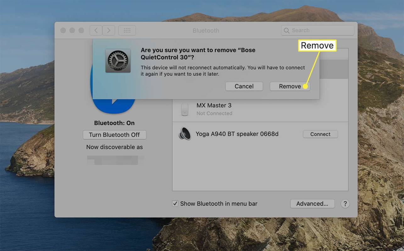 Dialogové okno Odebrat pro potvrzení zrušení párování připojeného zařízení Bluetooth v systému macOS