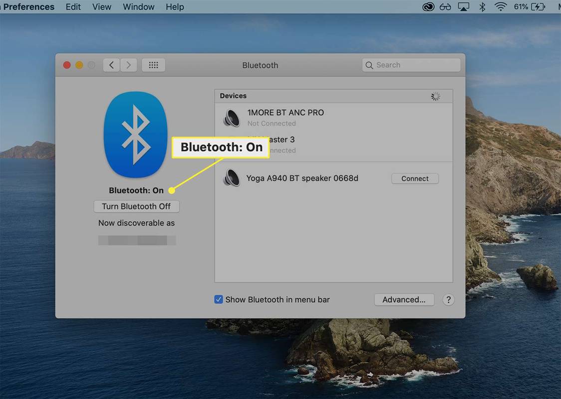 Bluetooth ativado na caixa de diálogo de preferências de Bluetooth do macOS