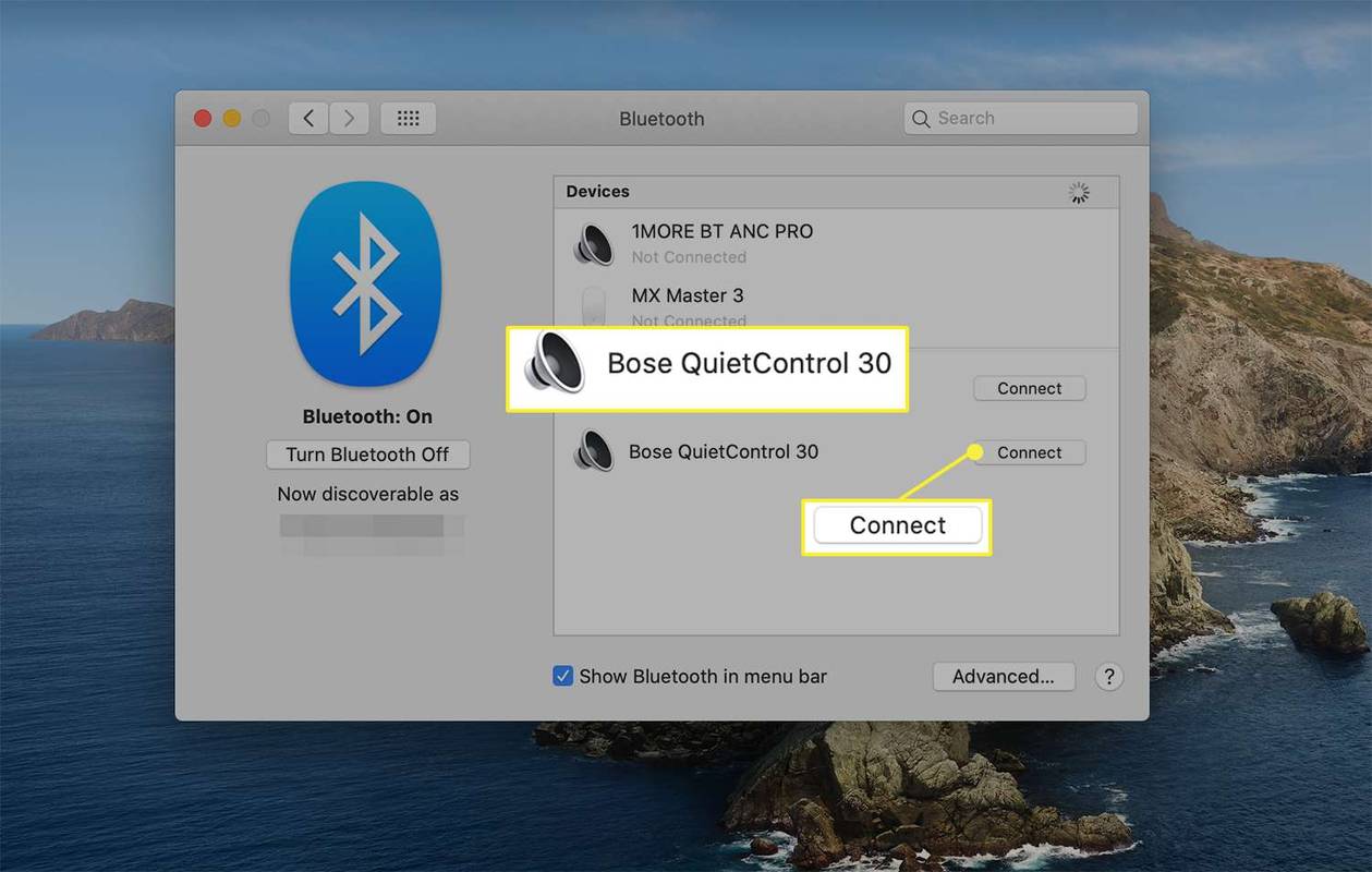 Opsi Hubungkan di sebelah perangkat nirkabel yang tersedia dari preferensi Bluetooth macOS