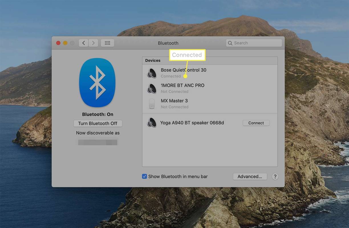 Tilkoblet melding oppført under en tilkoblet Bluetooth-enhet fra macOS Bluetooth-preferanser