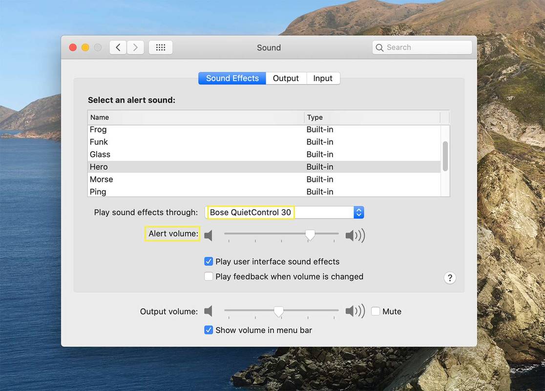 Opciones de efectos de sonido desde la configuración de sonido en macOS