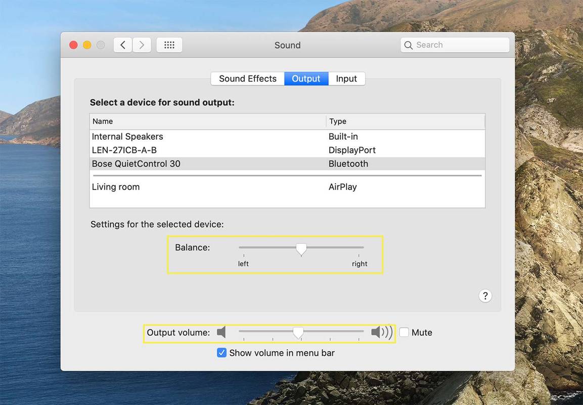 macOS 사운드 설정의 연결된 장치에 대한 출력 옵션