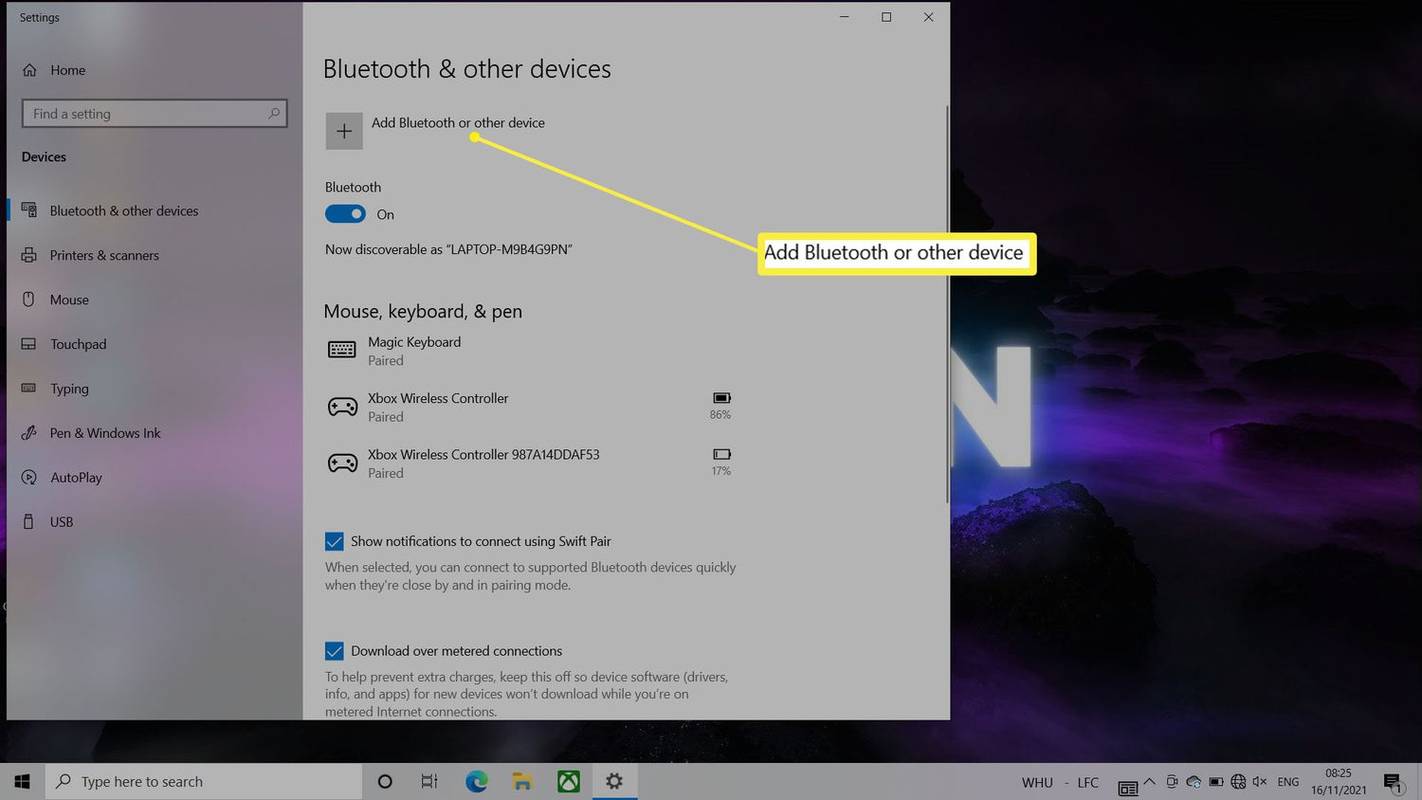 Mga setting ng Bluetooth sa Windows 10 na may naka-highlight na Magdagdag ng Bluetooth o iba pang device