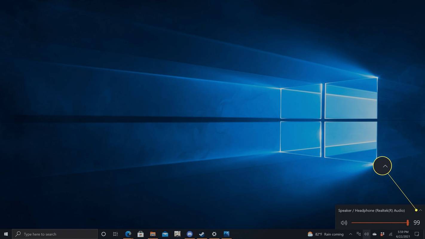 Windows 10 작업 표시줄에 강조 표시된 스피커 아이콘.