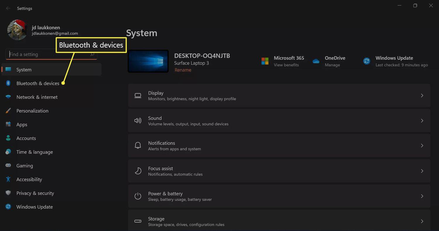 Bluetooth e dispositivos destacados no menu de configurações do Windows 11