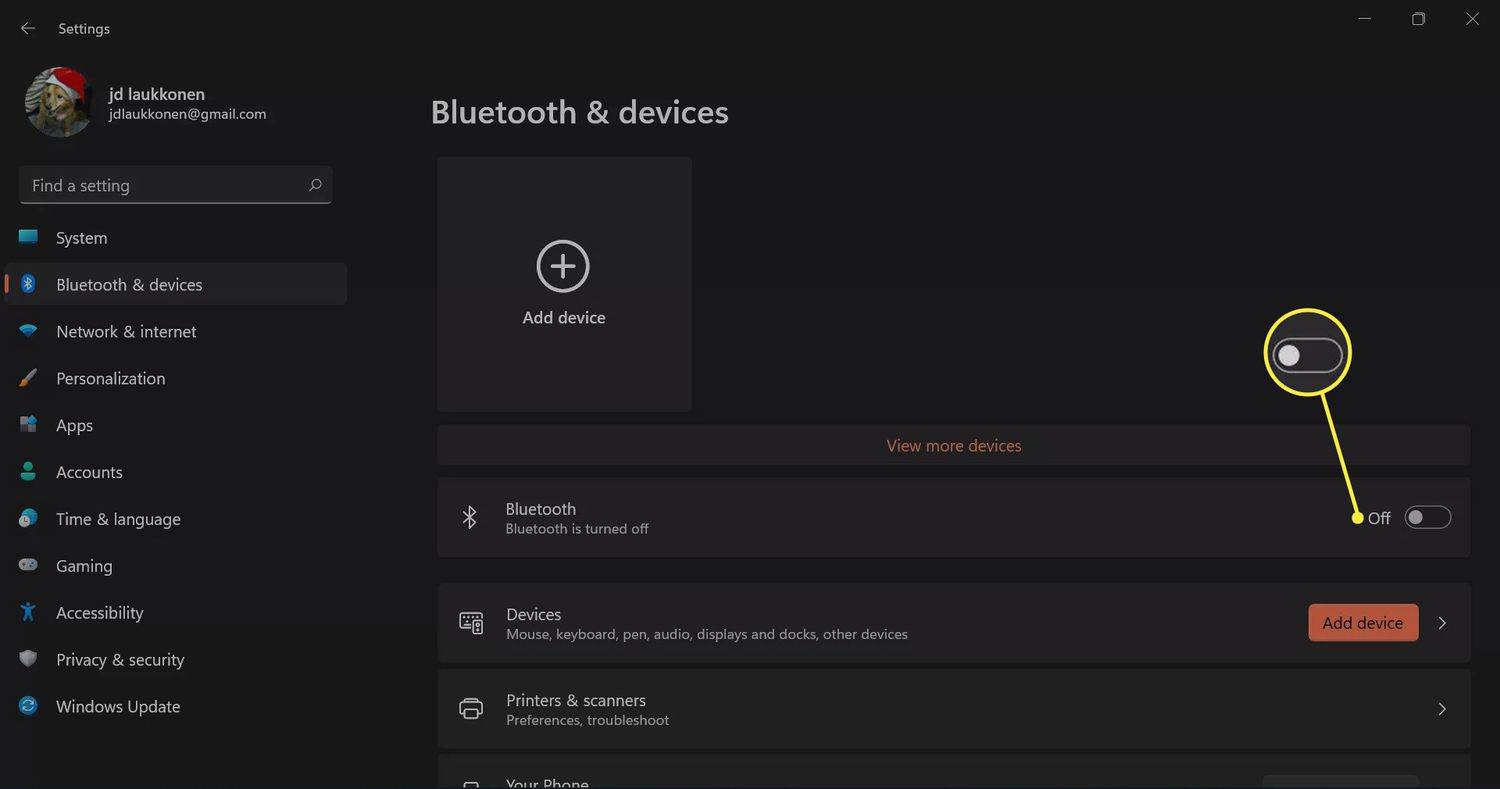 Windows 11의 Bluetooth 및 장치에서 비활성화된 Bluetooth 토글이 강조 표시되었습니다.