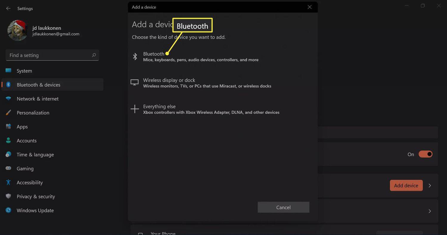Bluetooth wird im Menü „Gerät hinzufügen“ in Windows 11 hervorgehoben