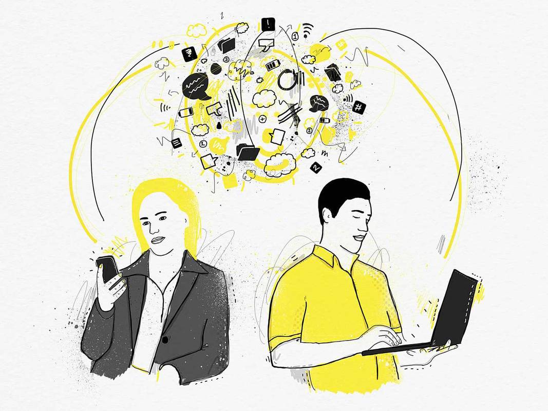 Ilustración de un hombre y una mujer, cada uno usando un dispositivo informático y accediendo a información en la nube