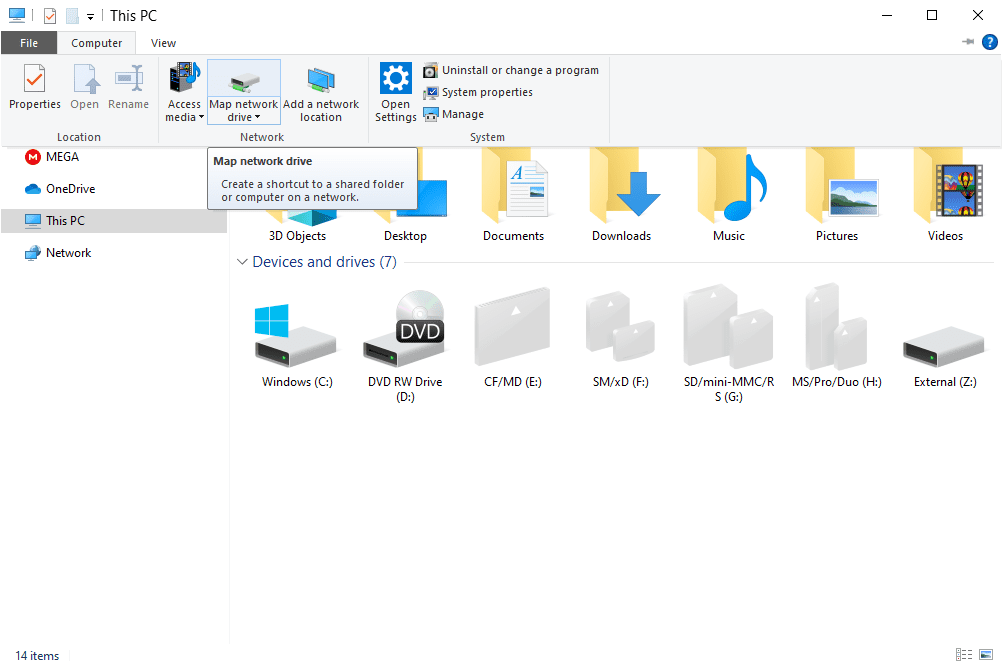 Gumb za preslikavo omrežnega pogona v sistemu Windows 10 To okno računalnika