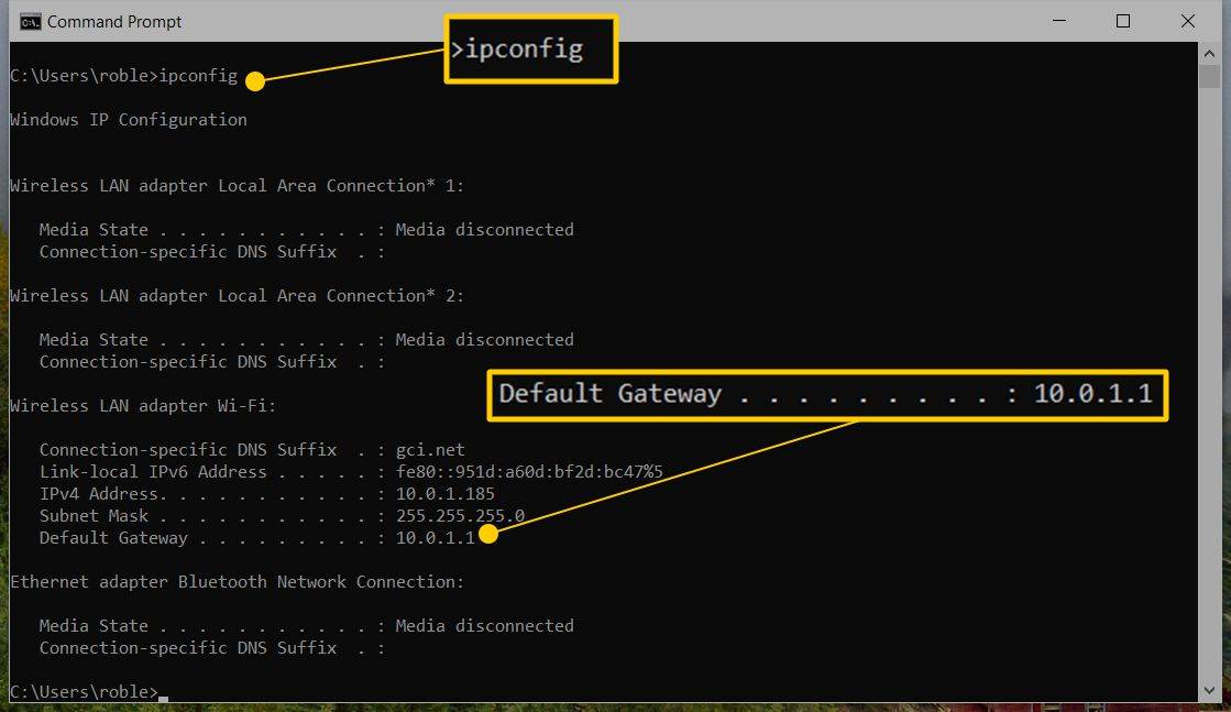 perintah ipconfig di Command Prompt, dengan hasil Default Gateway