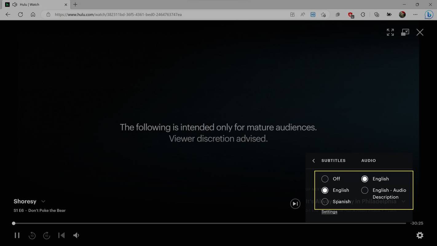 Hulu에서 강조된 자막 및 오디오 언어 옵션.