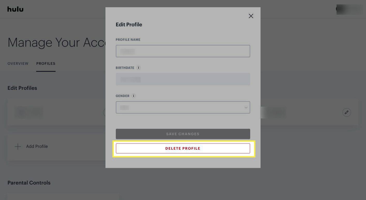 Usuń profil podświetlony w profilu Hulu na komputerze Hulu.