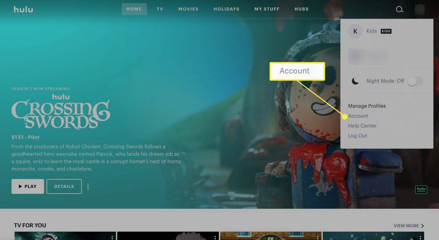 Nastavení profilu Hulu se zvýrazněným účtem