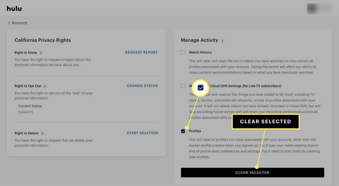 Sekcja Hulu Zarządzaj aktywnością z podświetloną opcją Wyczyść wybrane i Zaznacz profile