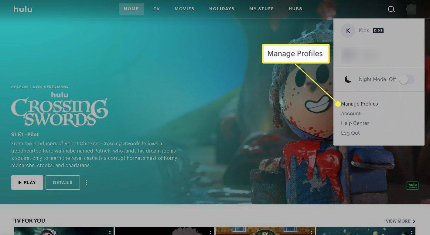 Spravovat profily zvýrazněné v nastavení Hulu