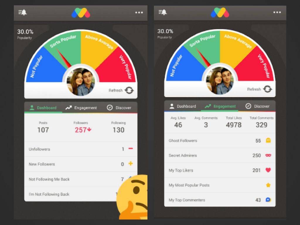 Skærmbilleder til Follow Meter-appen på Android, der viser popularitetsmålere