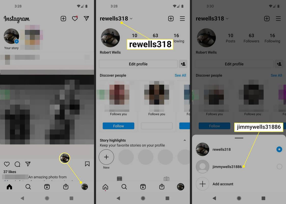 Ikona profila, ime računa in zamenjava računa v aplikaciji Instagram