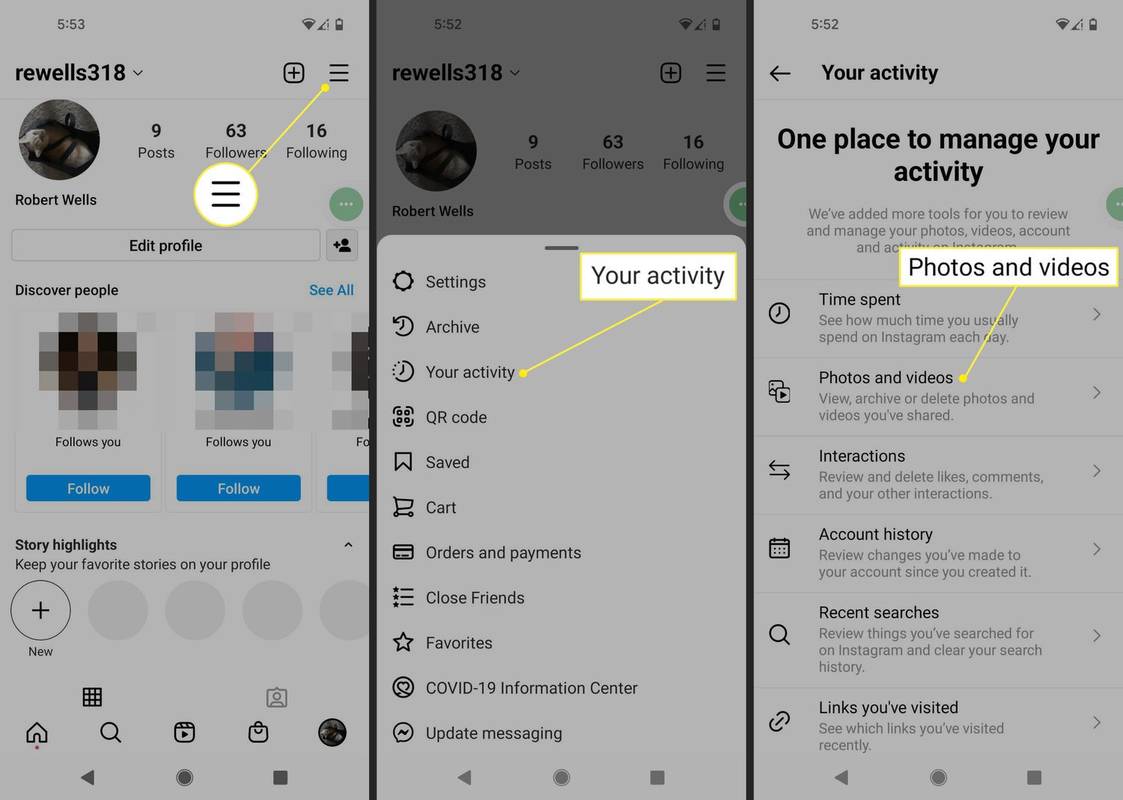 Instagram 앱의 3줄 메뉴, 활동, 사진 및 동영상