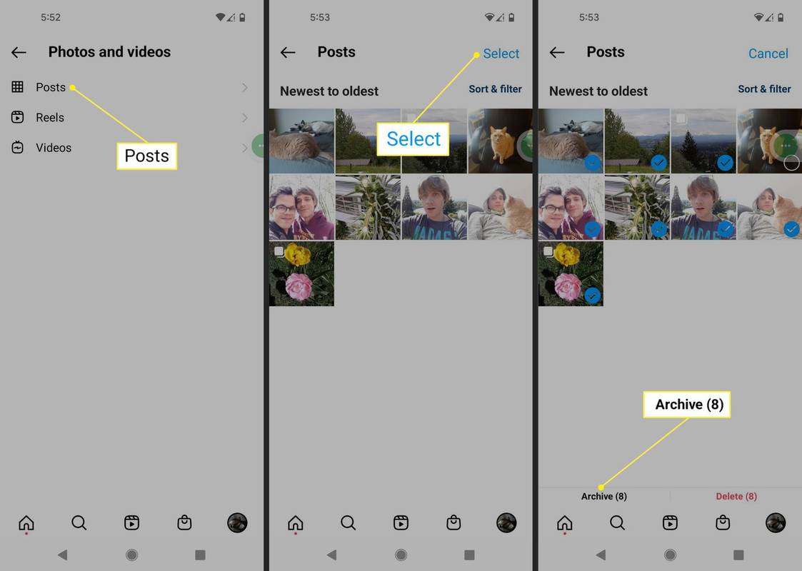 Instagram 앱의 게시물, 선택 및 보관