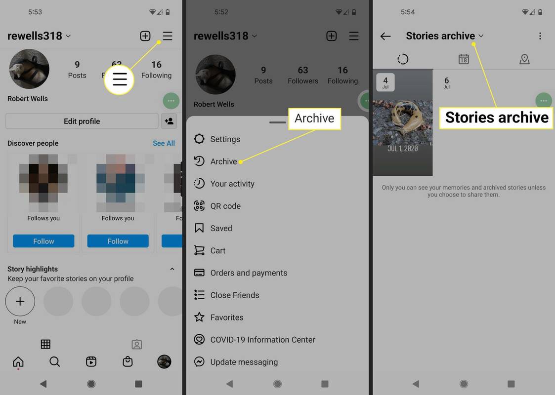Instagram 앱의 3줄 메뉴, 아카이브 및 스토리 아카이브