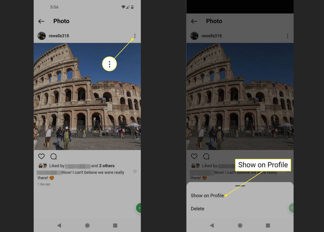 Trojbodkové menu a Zobraziť na profile v aplikácii Instagram