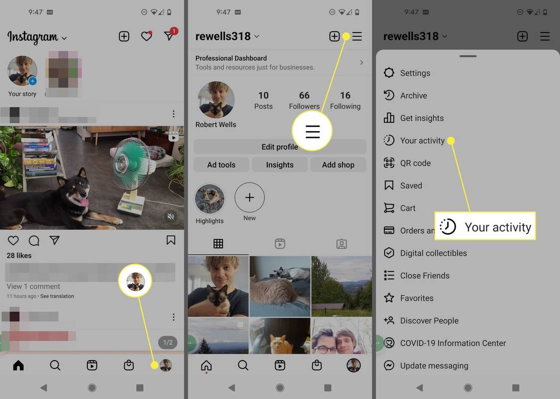 Profilsymbol, Menüsymbol und Ihre Aktivität in der Instagram-App