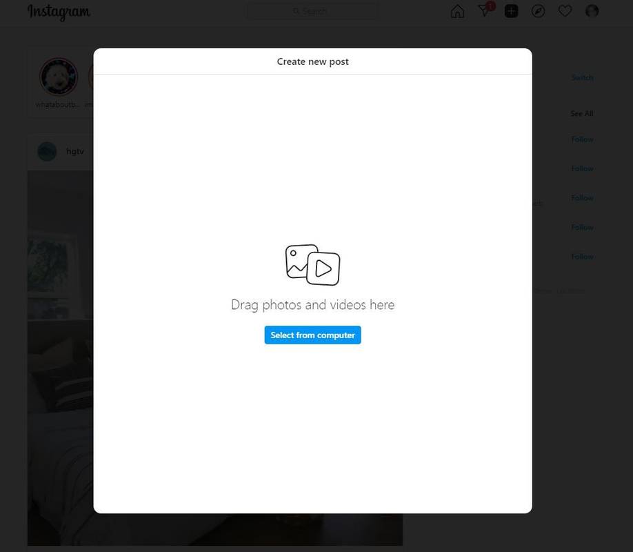 Vytvorte nové okno príspevku na Instagrame vo webovom prehliadači.