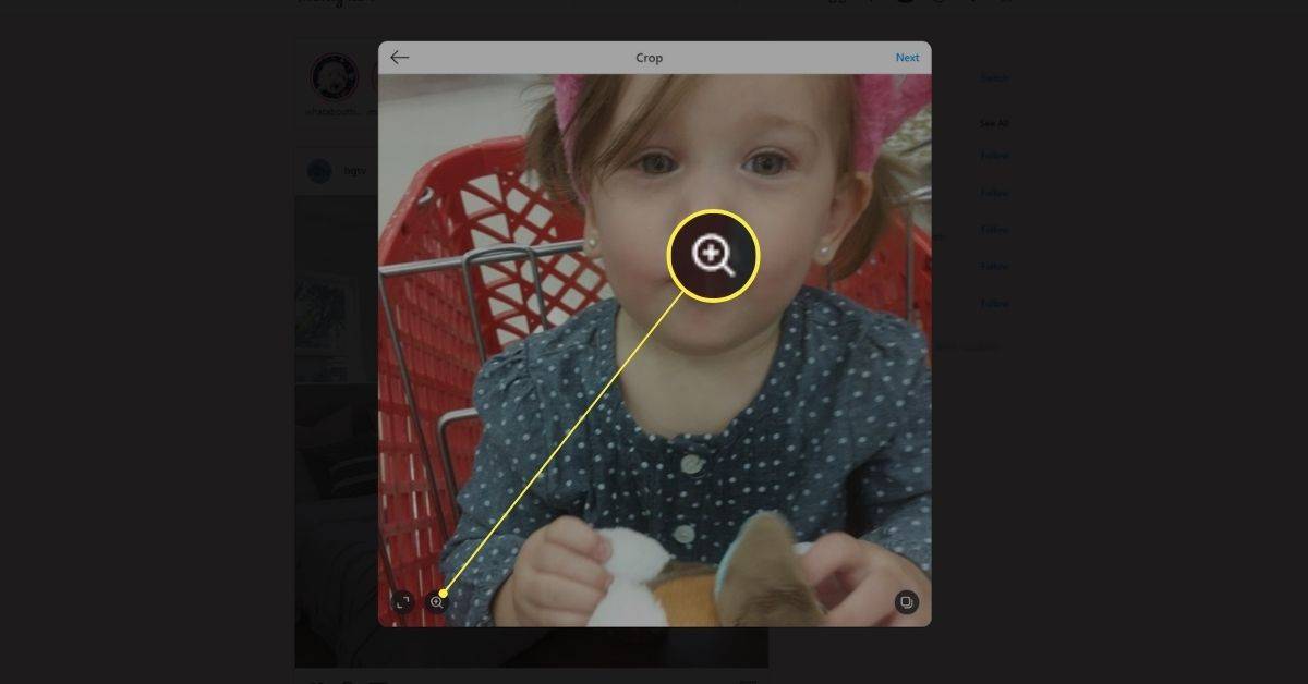 Ikon kaca pembesar untuk memotong gambar di Instagram di browser web.