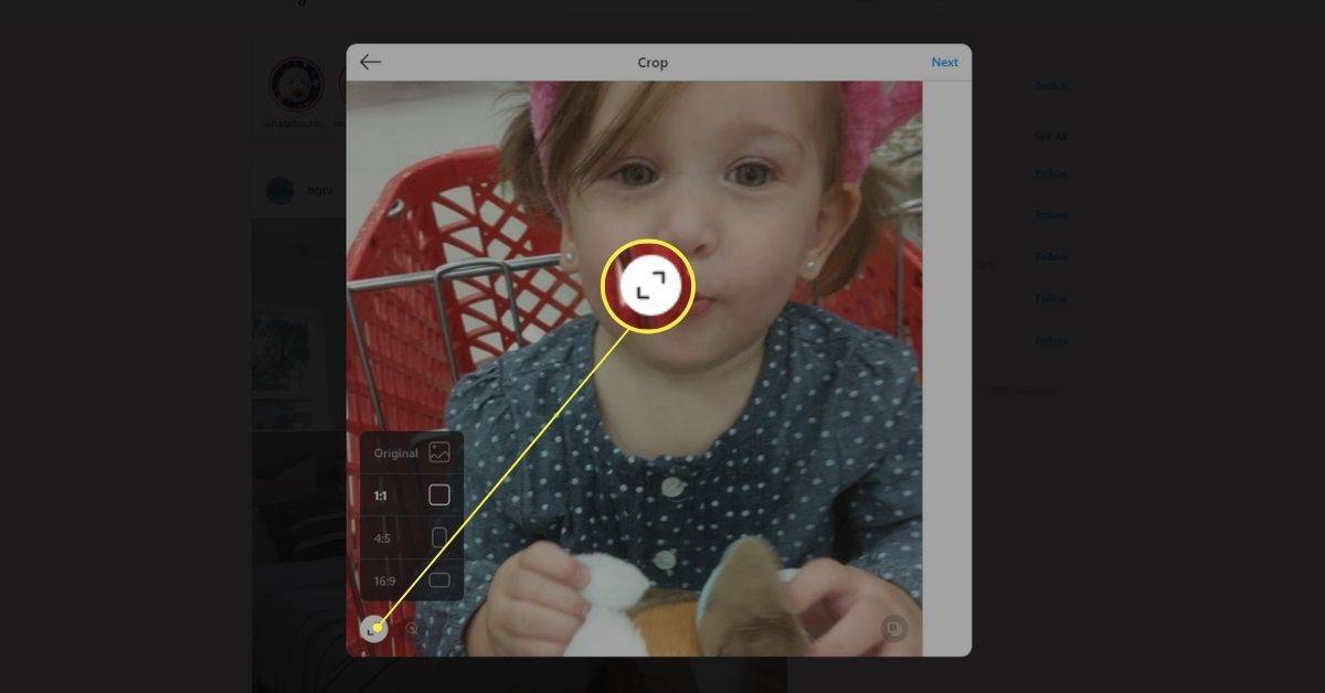 Tlačidlo Zmeniť pomer strán na Instagrame vo webovom prehliadači