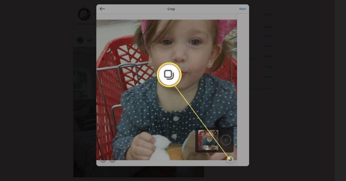Κουμπί προσθήκης περισσότερων φωτογραφιών στο Instagram στο πρόγραμμα περιήγησης ιστού.