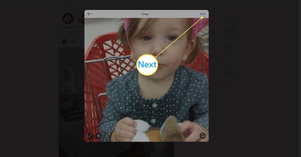 Tlačidlo Ďalej v okne Vytvoriť príspevok na Instagrame vo webovom prehliadači.