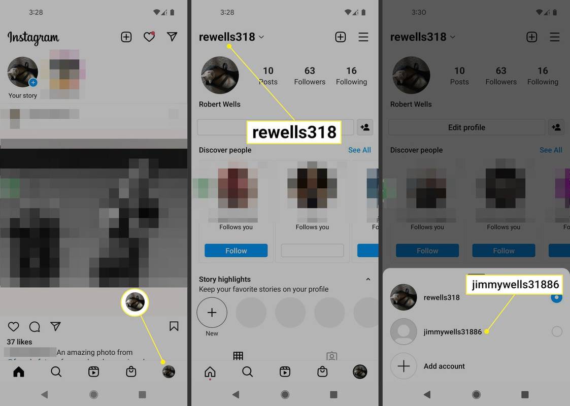 Ícone do perfil, nome da conta e contas no aplicativo Instagram