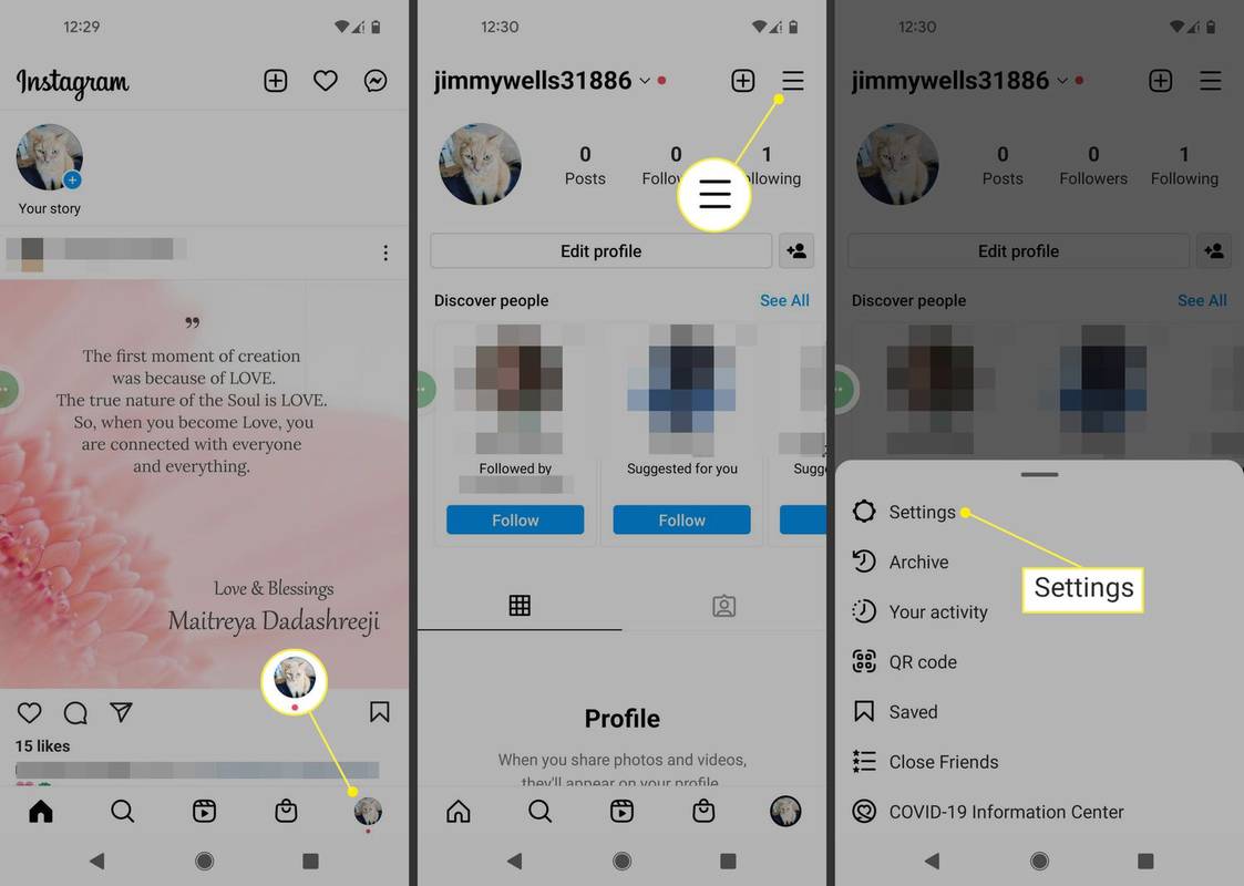 أيقونة الملف الشخصي، وأيقونة القائمة، والإعدادات في تطبيق Instagram