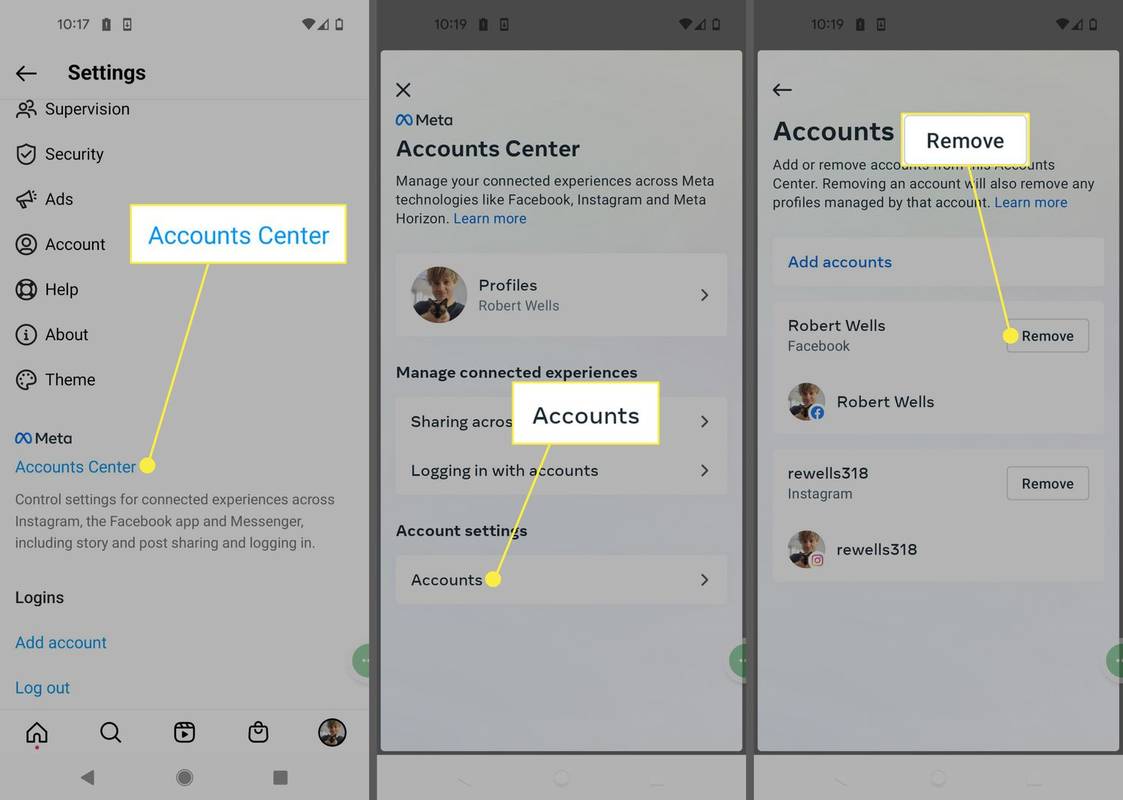 Centrum účtů, Účty a Odebrat v aplikaci Instagram
