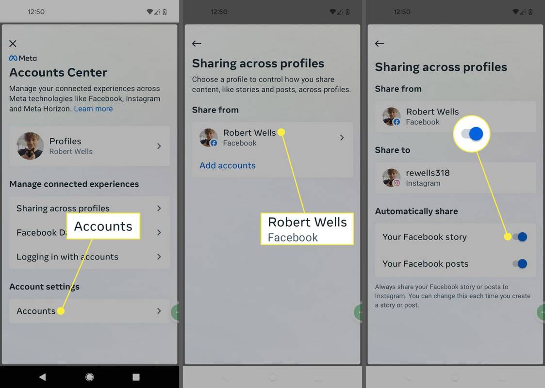 Compartició entre perfils, compte de Facebook i activació ressaltats a la configuració del metacompte