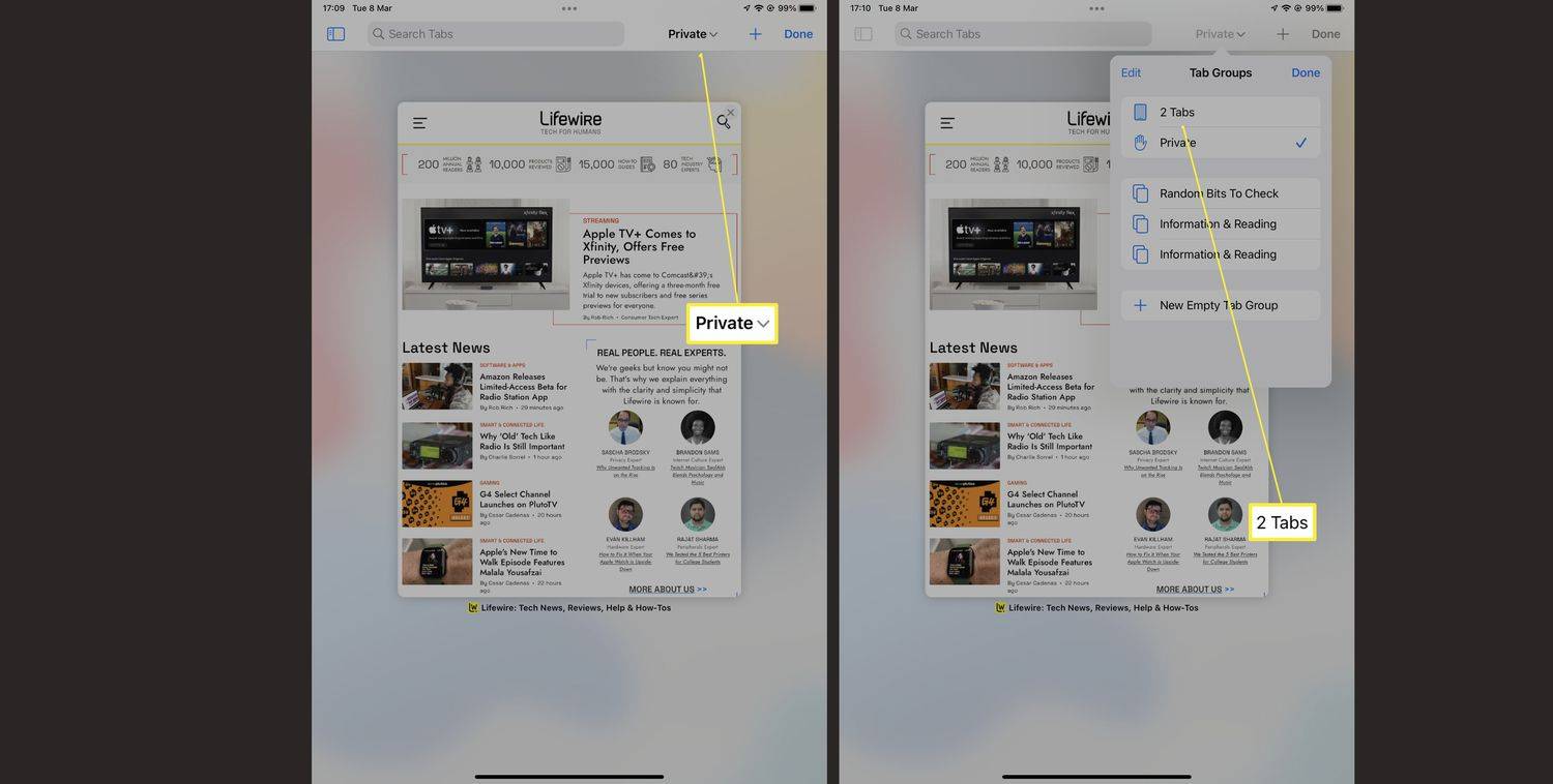 iPad의 Safari에서 다양한 탭을 선택하는 단계입니다.