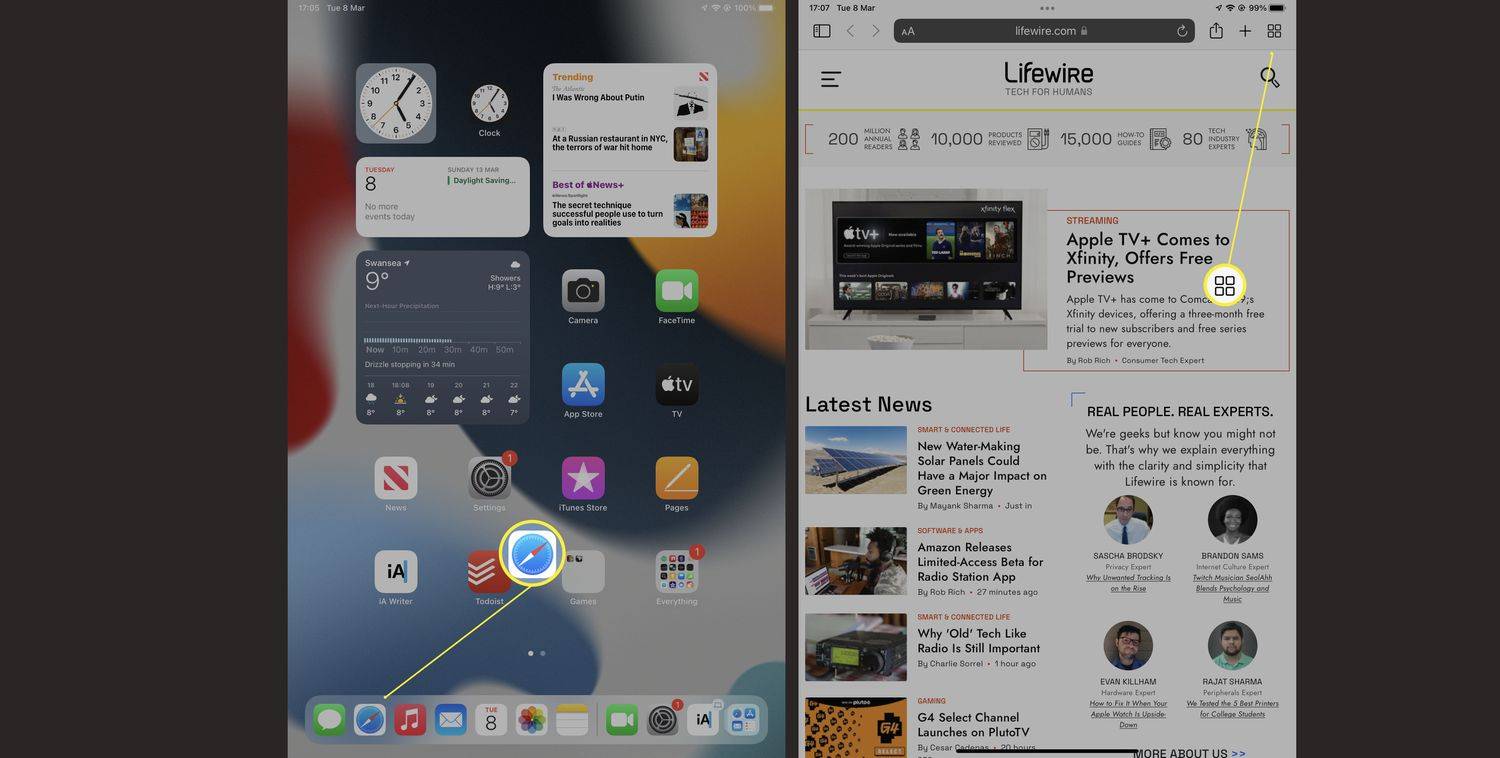 iPadissa vaaditaan vaiheita välilehtivaihtoehtojen löytämiseksi Safarissa.