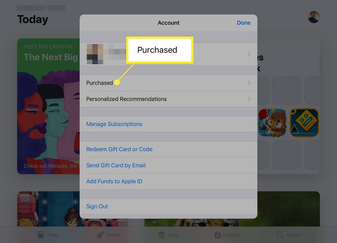 Σελίδα λογαριασμού στο App Store στο iPad