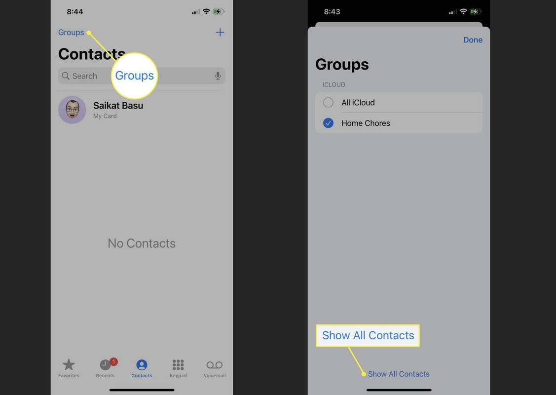Postup zobrazení všech kontaktů v aplikaci Kontakty na iPhonu.