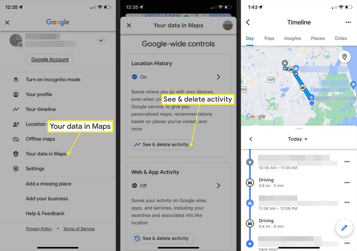 Pantalles de Google Maps que mostren el camí a la línia de temps de la ubicació