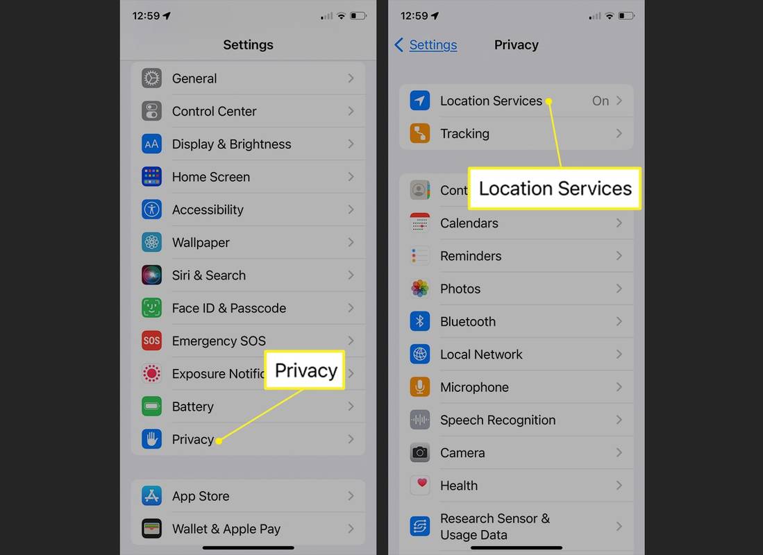 Aplikace iPhone Settings zobrazující cestu ke službám určování polohy