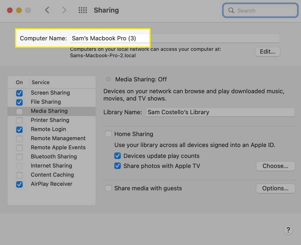 Configuració per compartir Mac amb el nom de l