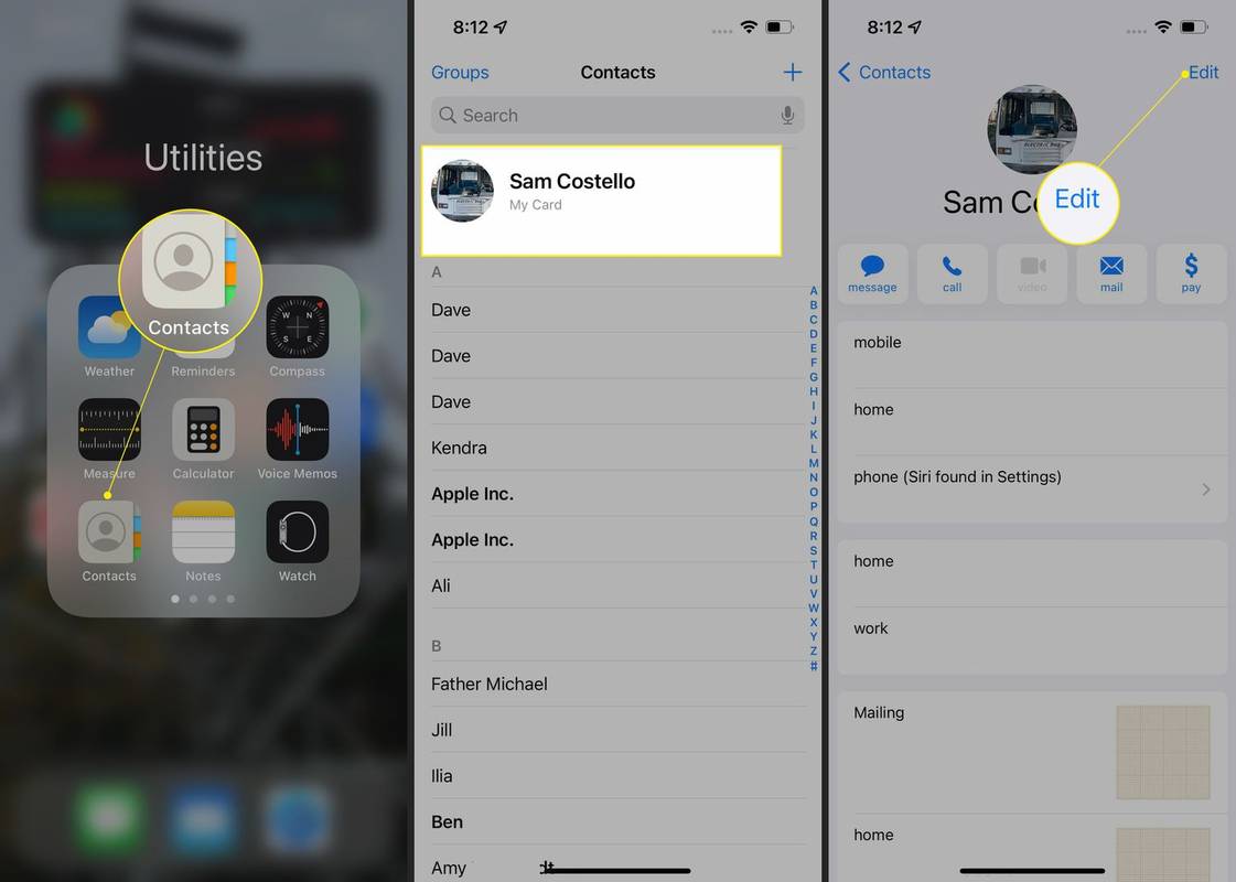 iPhone με επισημασμένες την εφαρμογή Επαφές, την κάρτα ονόματος και την επεξεργασία
