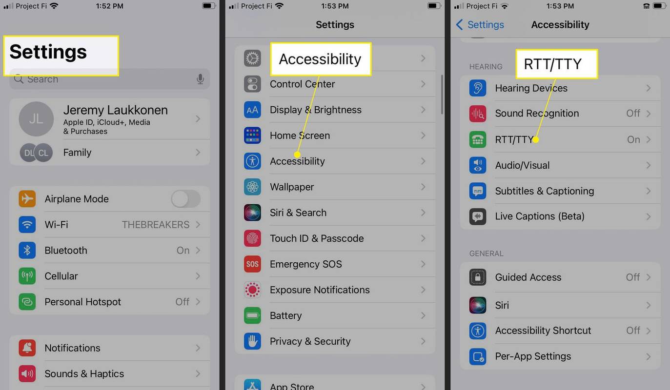 iPhone dengan Pengaturan, Aksesibilitas, dan RTT disorot