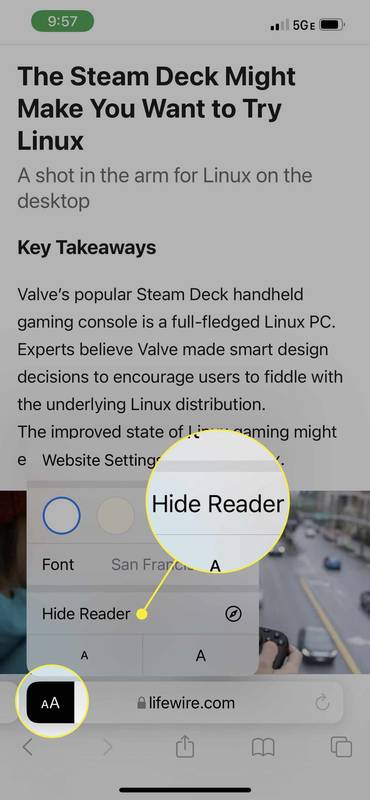 Langkah-langkah untuk mematikan Mode Pembaca di Safari di iPhone.