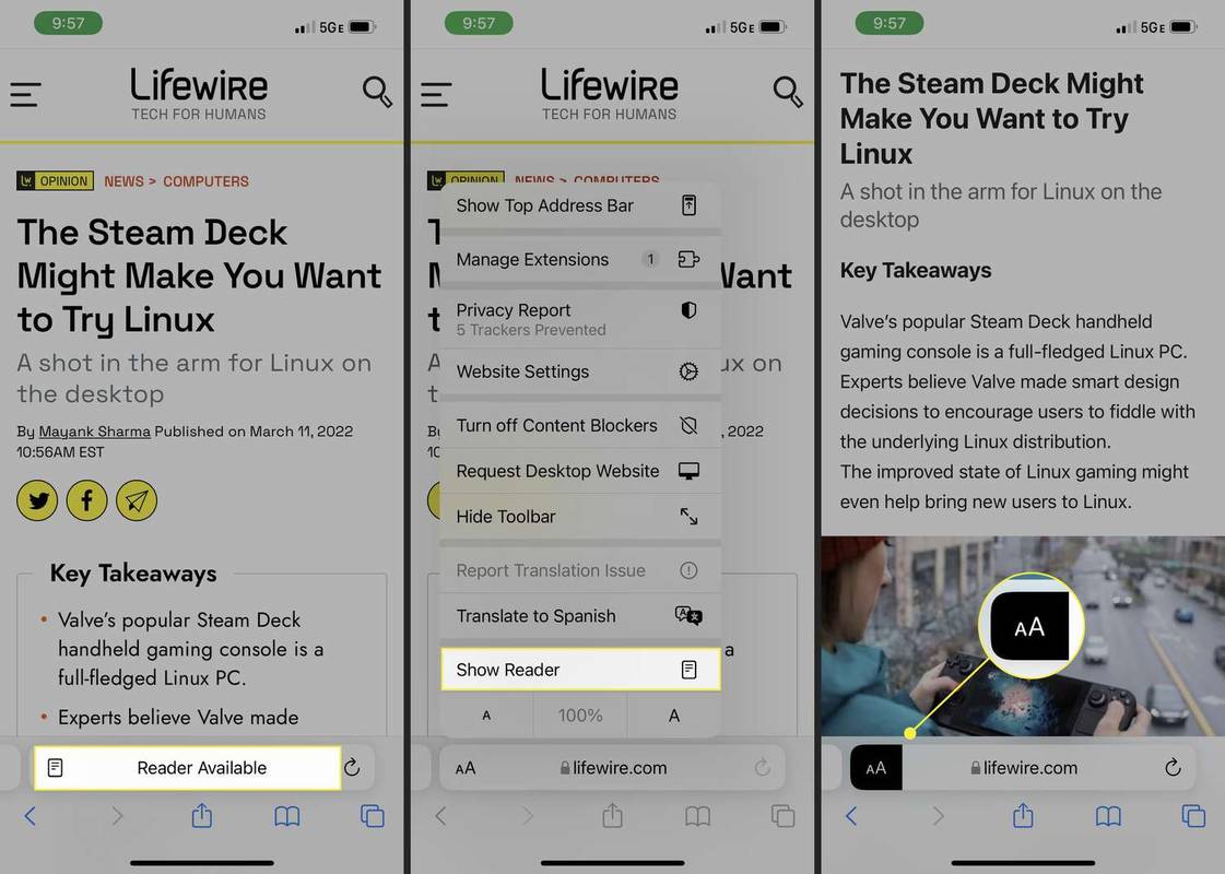 Langkah-langkah untuk mengaktifkan Mode Pembaca di Safari di iPhone.