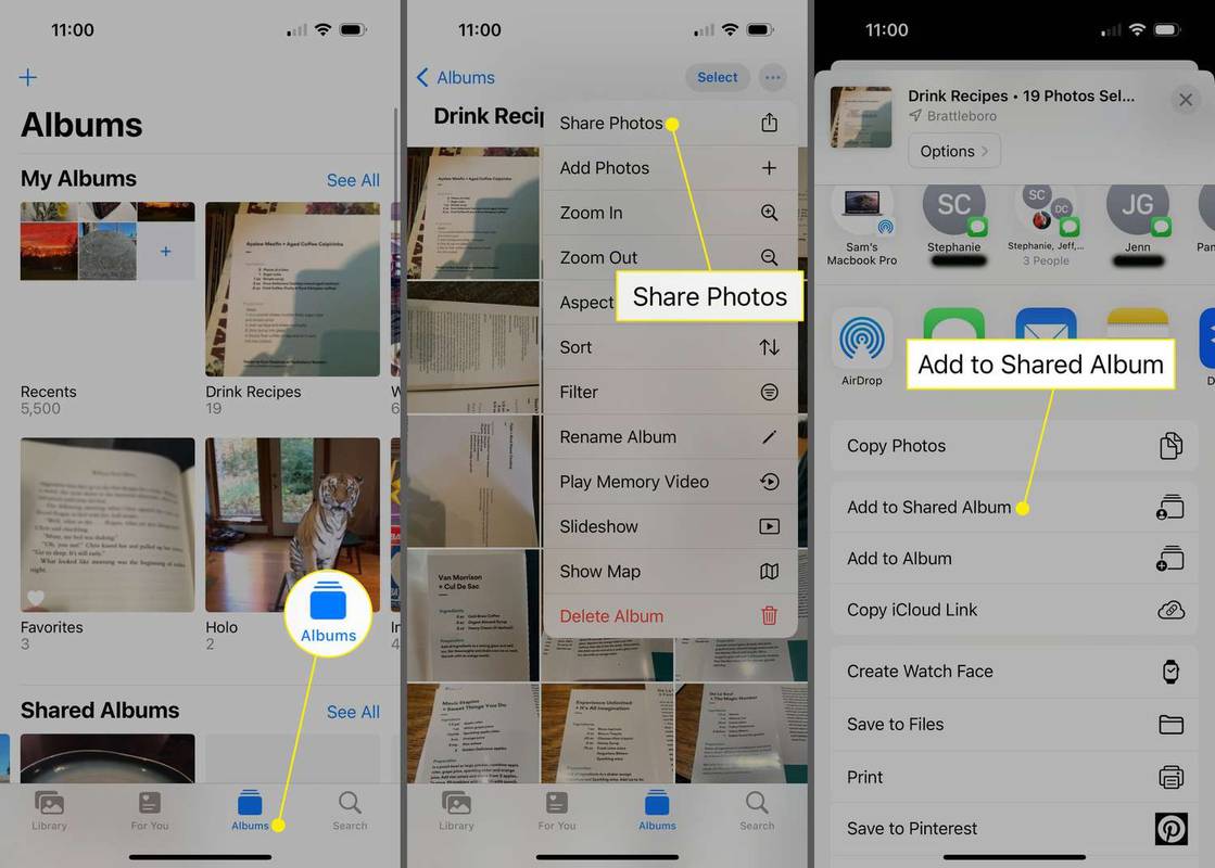 iPhone फ़ोटो ऐप में एल्बम, फ़ोटो साझा करें और साझा एल्बम में जोड़ें को हाइलाइट किया गया है