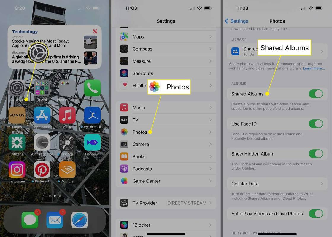 Iestatījumu lietotne, fotoattēli un koplietotie albumi ir izcelti iPhone tālrunī