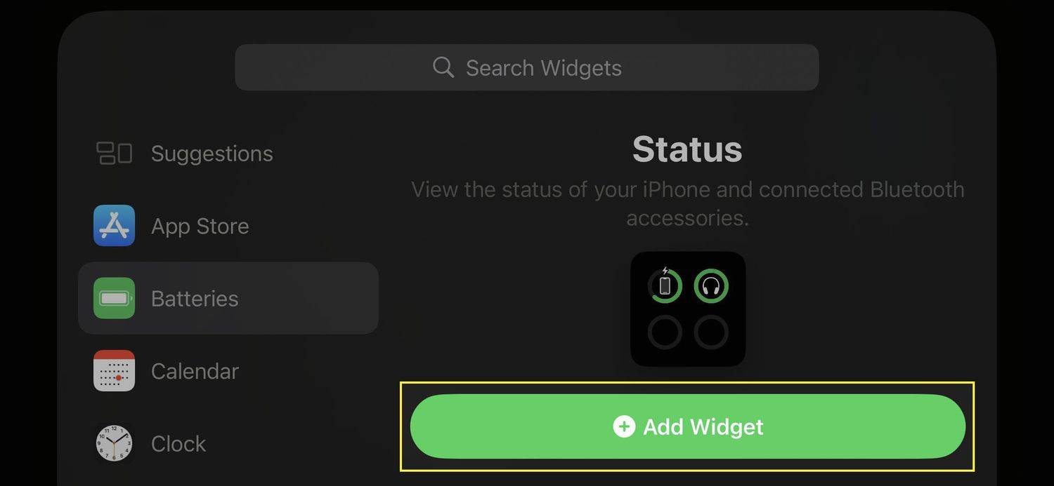 Butang Tambah Widget yang diserlahkan pada skrin iPhone StandBy.