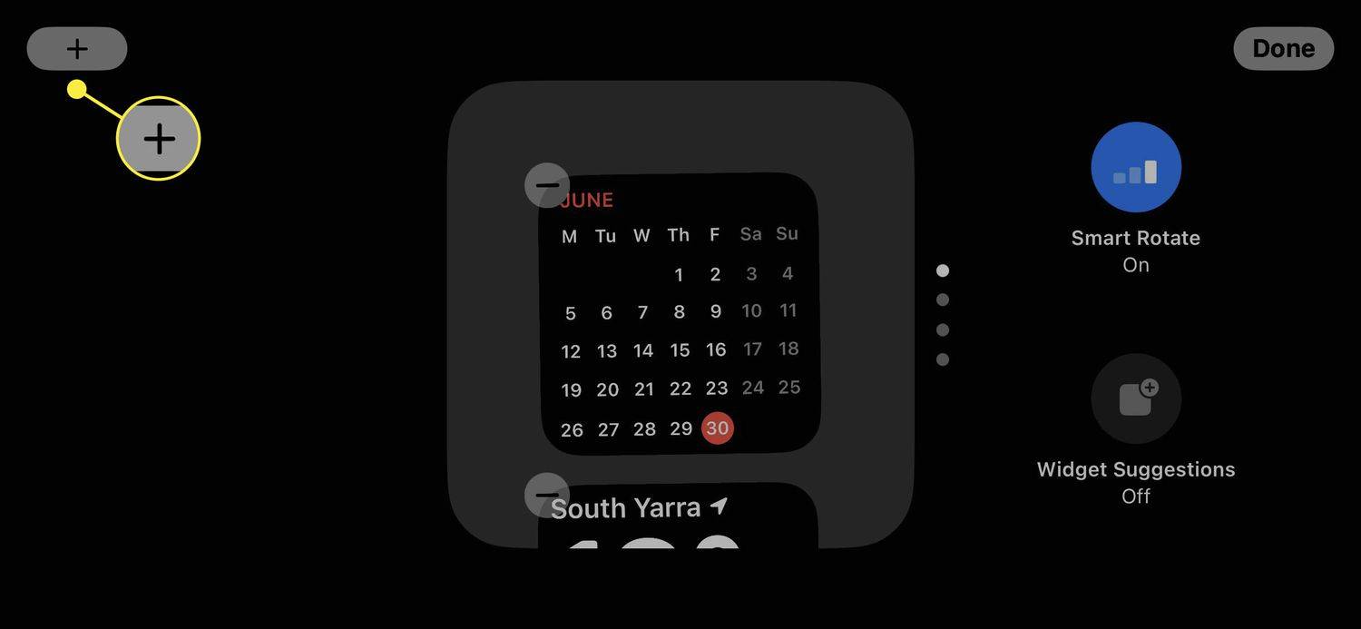 Screen ng widget ng iPhone StandBy na may naka-highlight na button na plus.